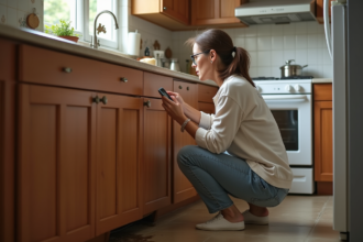 Femme examinant une fuite d'eau sous l'évier de cuisine