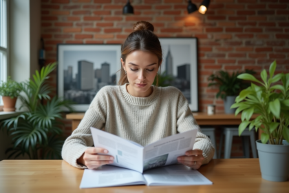Femme d affaires examine brochures immobilières chez elle