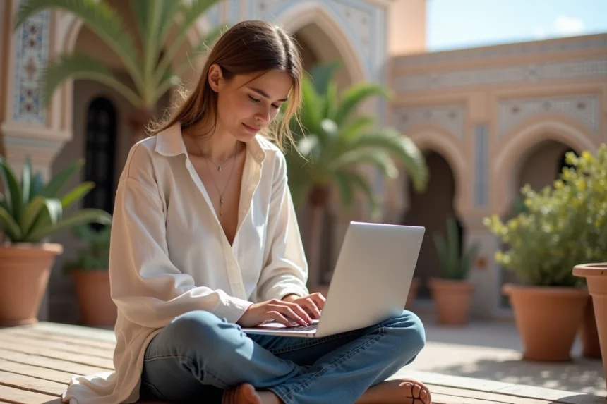 Femme assise sur une terrasse à Essaouira avec vue sur l'océan