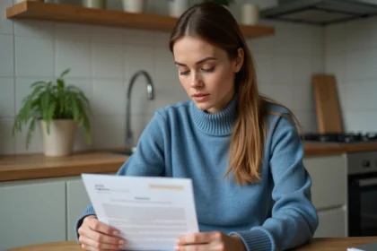 Femme examine une lettre Action Logement dans un intérieur moderne
