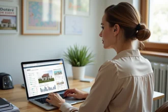 Femme utilisant un logiciel d'estimation immobilière sur ordinateur portable dans un bureau à domicile