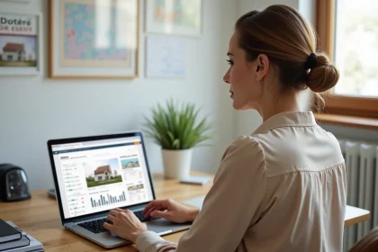 Femme utilisant un logiciel d'estimation immobilière sur ordinateur portable dans un bureau à domicile