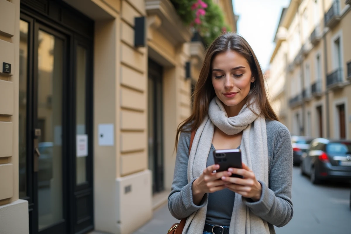 Jeune femme vérifiant son smartphone devant un immeuble