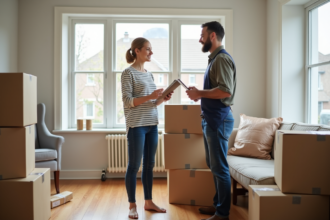 Femme discutant avec un professionnel du déménagement dans un salon