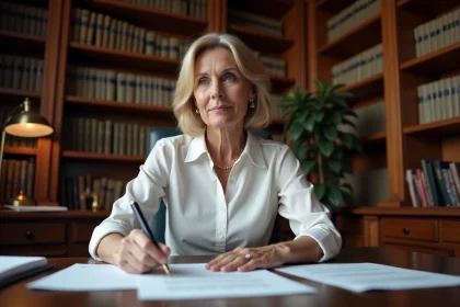 Femme notaire examinant une lettre pour mainlevée d'hypothèque dans un bureau juridique traditionnel
