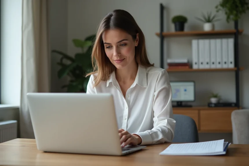 Femme en blouse casual consulte demande de maintenance immobilière