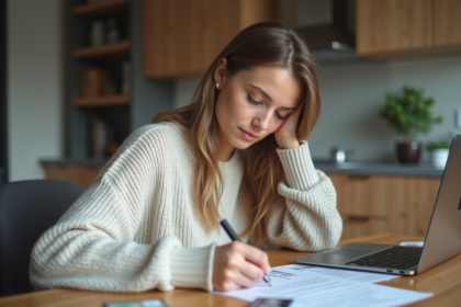 Jeune femme organise des papiers d'assurance dans sa cuisine