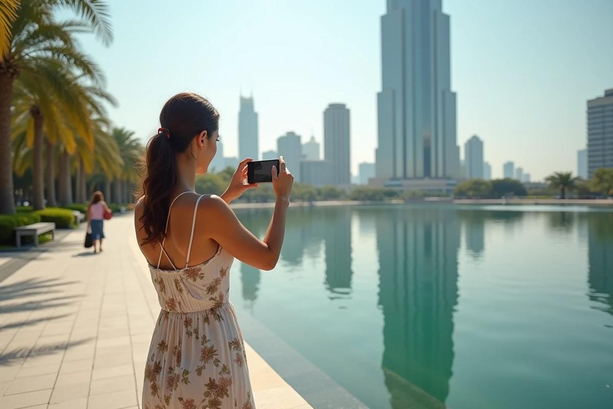 Jeune femme prenant une photo de la tour Almas au bord de l