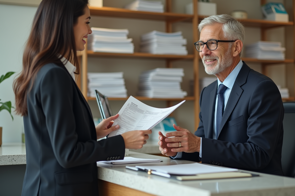 Jeune femme souriante présentant un dossier à un conseiller fiscal