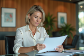 Femme d'affaires examine des documents hypothécaires dans une banque moderne