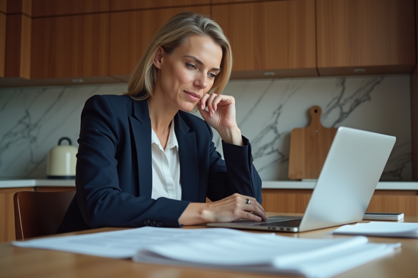 Femme concentrée examinant documents de prêt immobilier