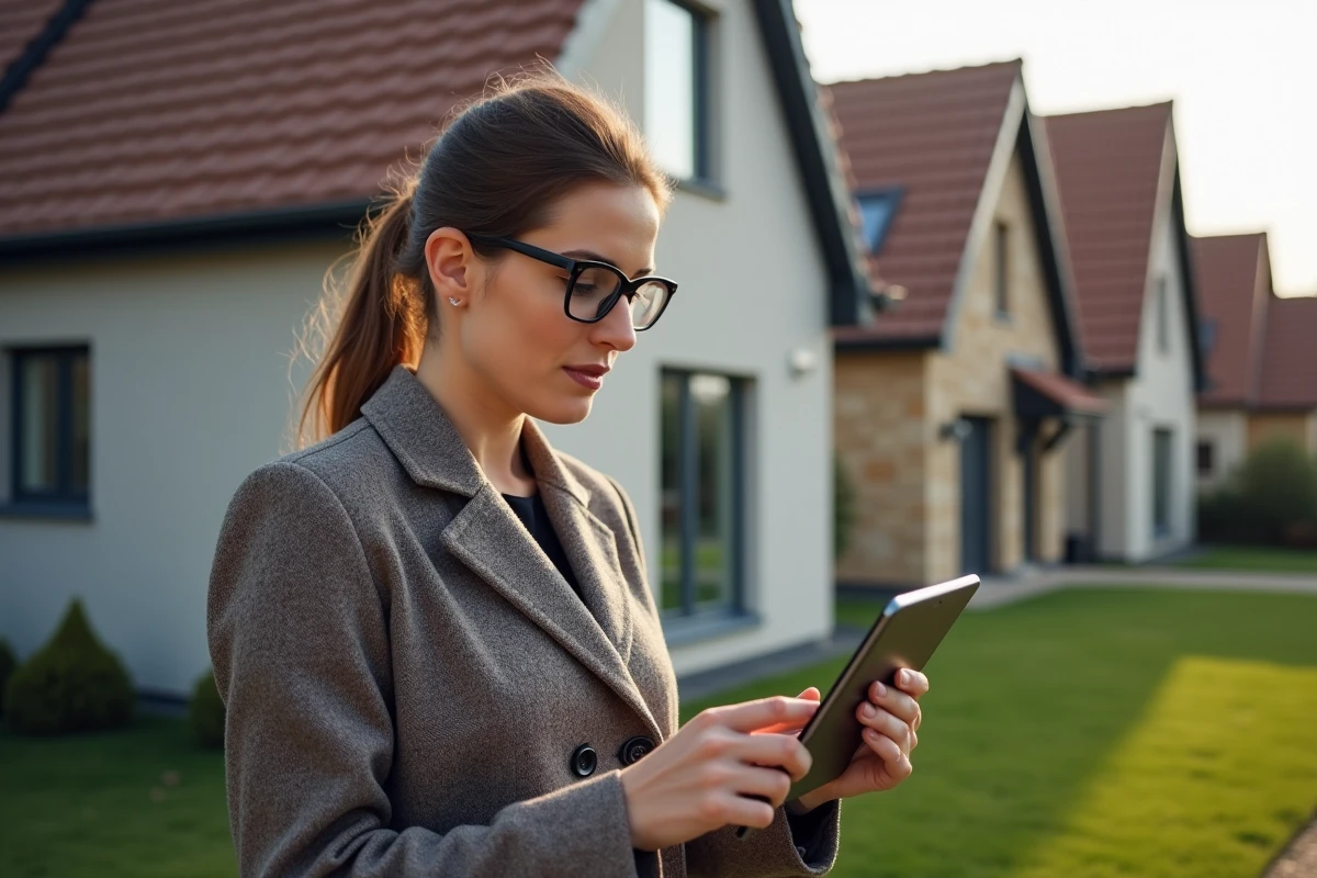 Femme regardant des avis sur une tablette devant une maison
