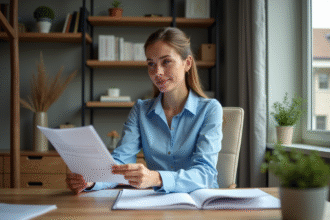 Femme en bureau moderne examinant documents de prêt immobilier