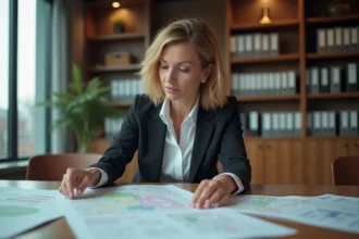 Femme d'affaires examinant des cartes en réunion