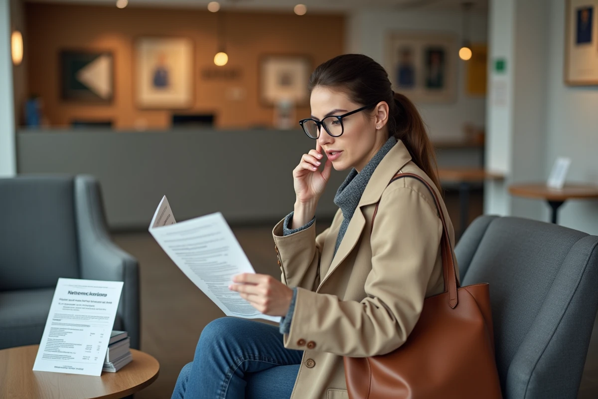 Femme dans une salle d'attente d'un cabinet juridique lisant une brochure sur les conseils notariaux et avocat
