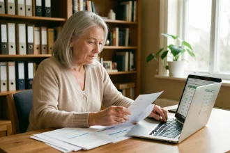 Femme senior consultant un simulateur viager sur ordinateur portable avec des feuilles de calcul Excel imprimées sur un bureau en bois