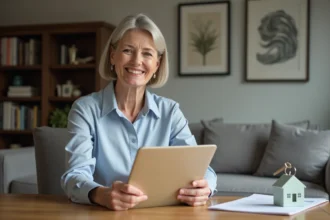 Femme souriante tenant un dossier LMNP et des clés dans un appartement