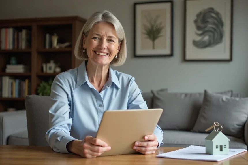 Femme souriante tenant un dossier LMNP et des clés dans un appartement