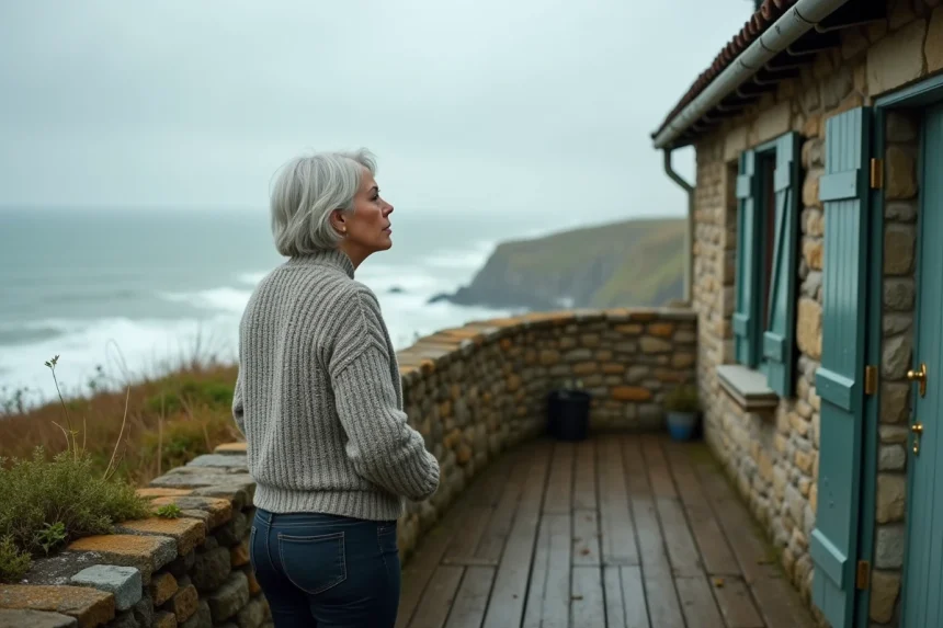 Femme d'âge mûr sur la terrasse d'une maison normande à colombages avec vue mer en automne