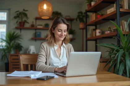 Femme travaillant sur son ordinateur dans un intérieur cosy
