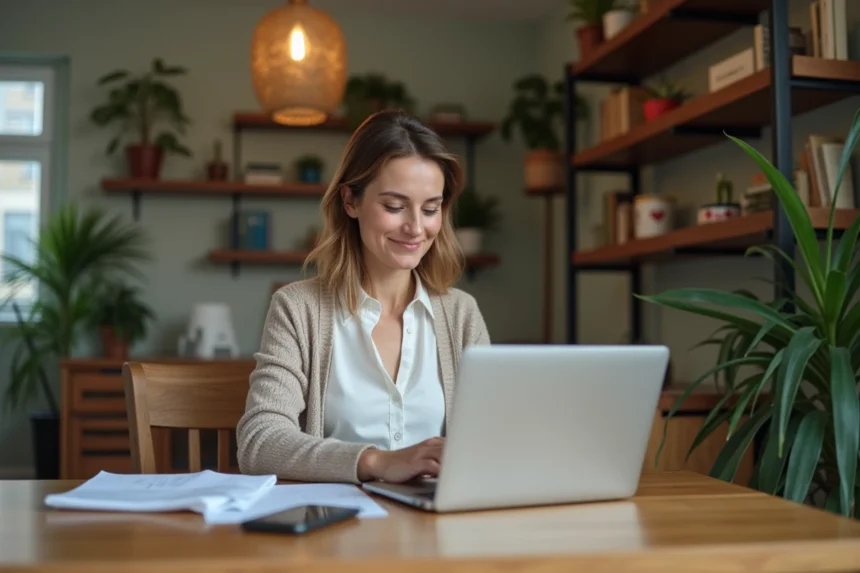 Femme travaillant sur son ordinateur dans un intérieur cosy