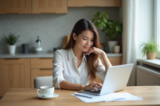 Femme au travail dans une cuisine lumineuse et moderne