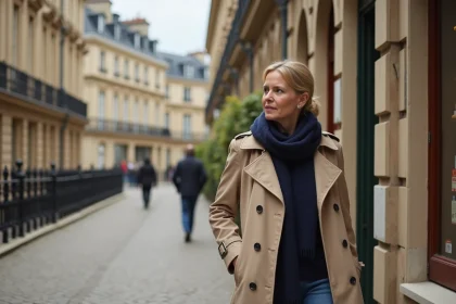Femme en trench beige et foulard à Versailles