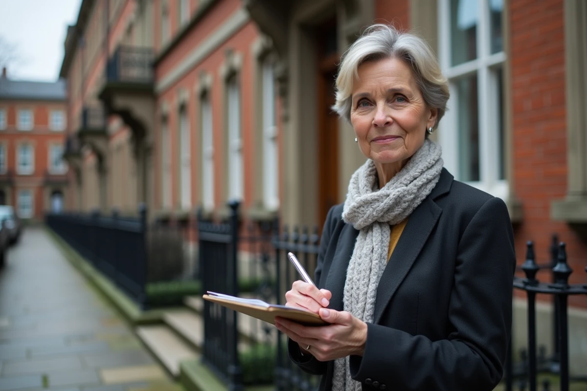 Femme urbaine prenant des notes devant un immeuble
