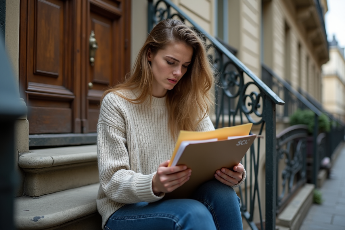 Jeune femme dans une rue parisienne examine un dossier SCI