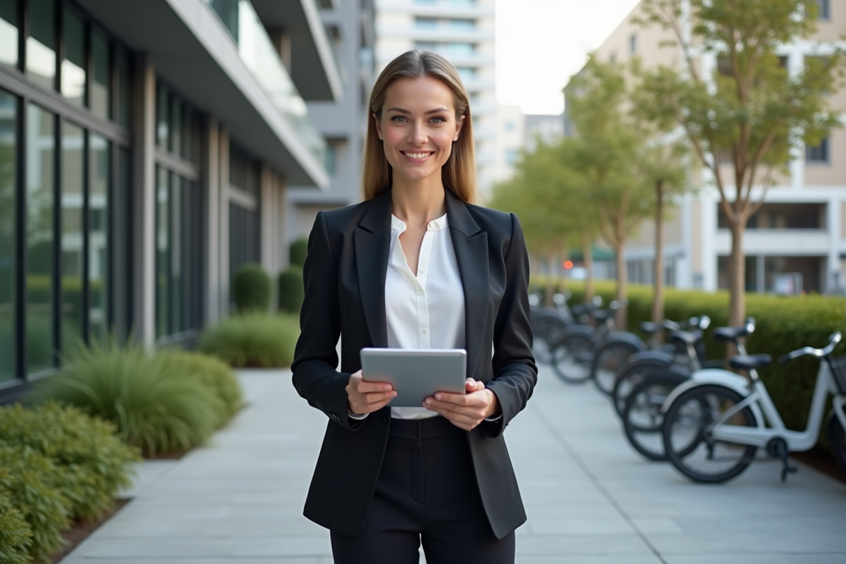 Jeune femme professionnelle devant immeuble moderne