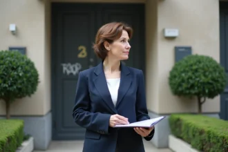 Femme d'âge moyen devant un immeuble urbain français