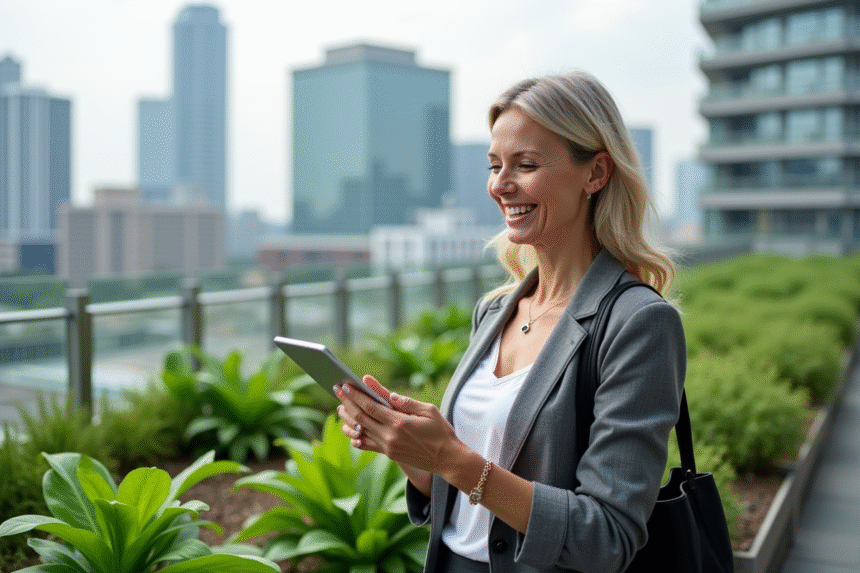 Femme souriante dans un jardin urbain sur le toit avec panneaux solaires