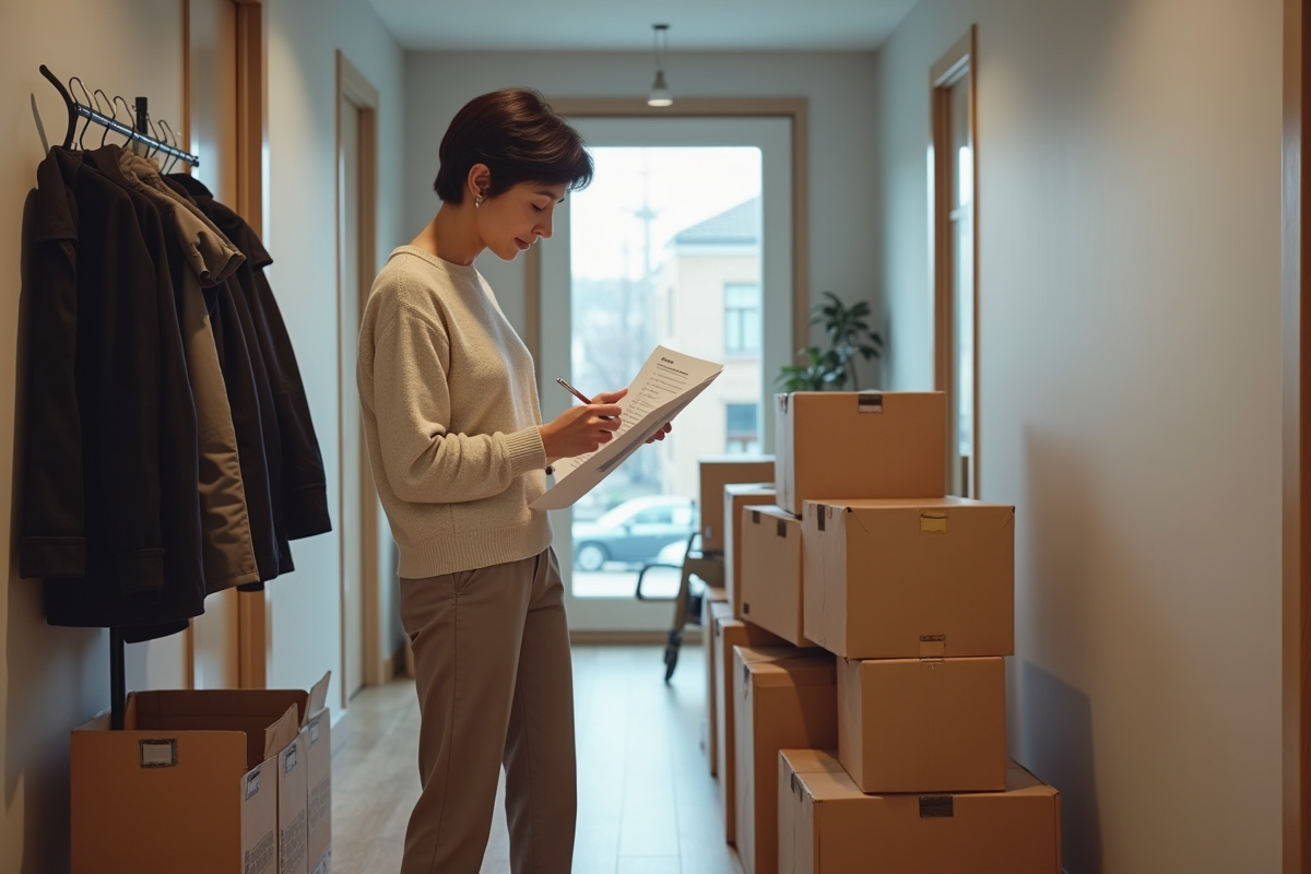 Femme vérifiant sa liste de déménagement dans un couloir moderne