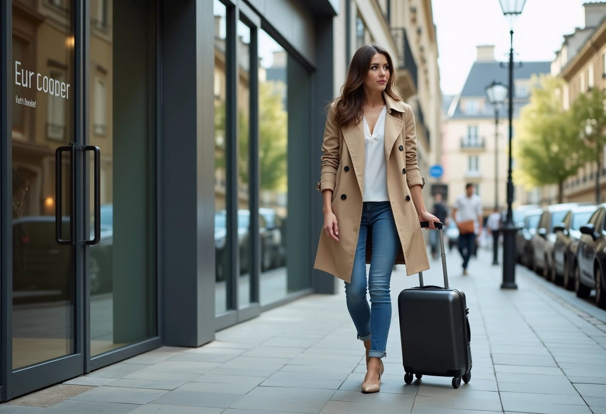 Jeune femme avec valise devant bâtiment de bureau français