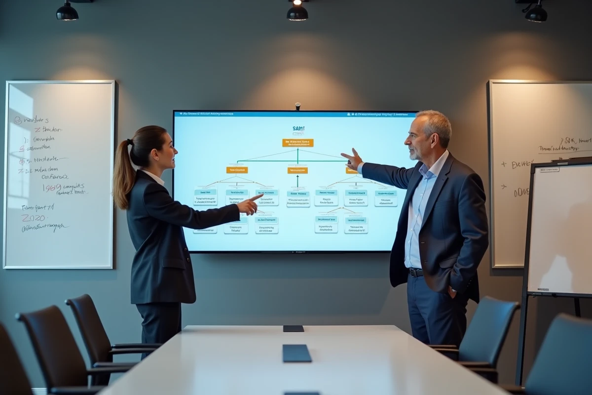 Formation Omegasafti en salle de réunion avec deux mandataires SAFTI analysant un organigramme réseau sur écran