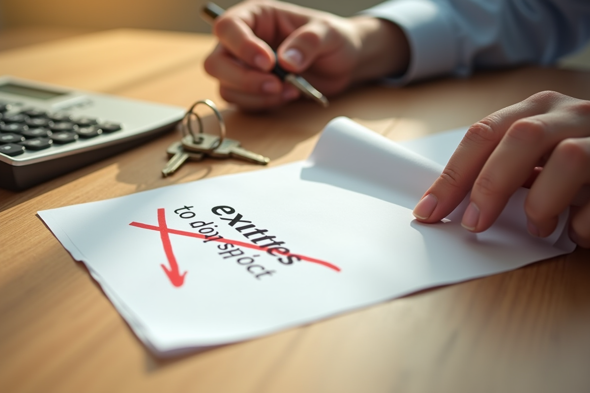 Mains tenant un document avec frais de sortie barrés et clés de maison