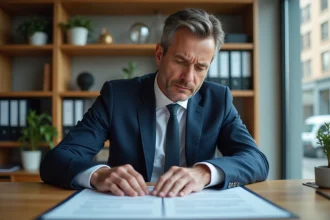 Gestionnaire immobilier en costume examine un contrat dans un bureau moderne