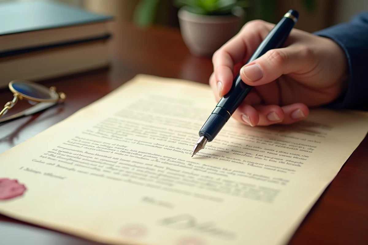 Gros plan d'une plume signant une lettre officielle de mainlevée d'hypothèque sur papier notarié avec cachet