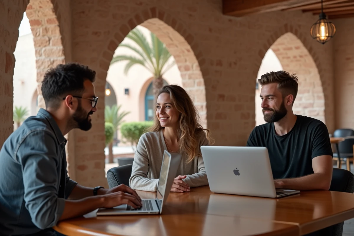 Groupe de nomades numériques travaillant dans un coworking à Essaouira