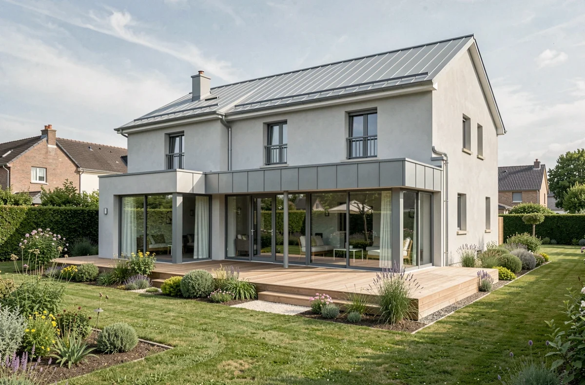 Maison Hexaom deux niveaux avec terrasse en bois et grandes baies vitrées dans un lotissement de l'Indre