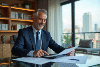 Homme d'affaires en costume navy dans un appartement moderne