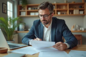Homme d'affaires en intérieur lisant des papiers