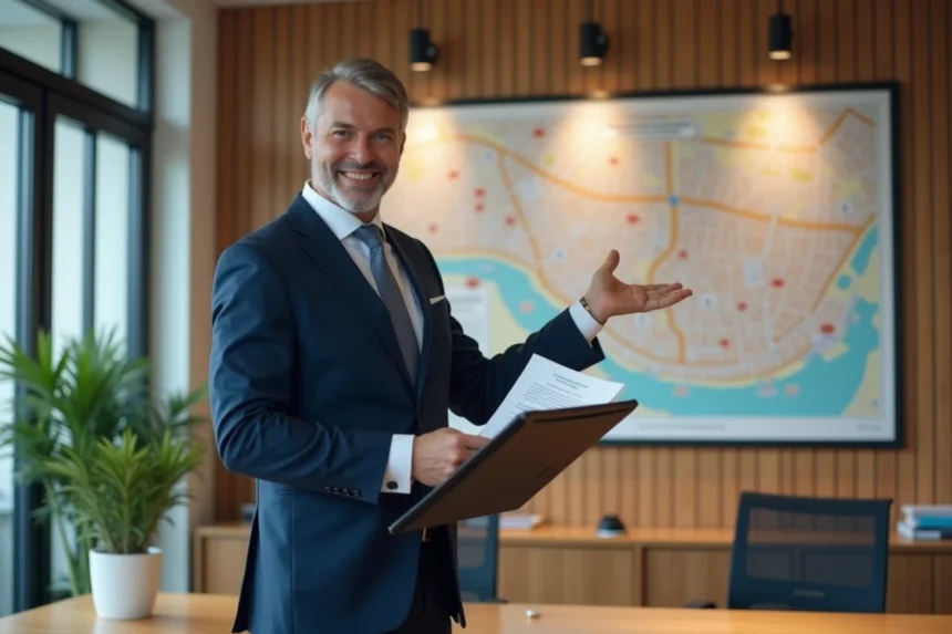 Homme d'affaires en costume bleu devant une carte de Lyon