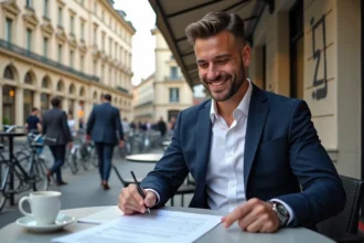 Homme d'affaires souriant à Lyon dans un café