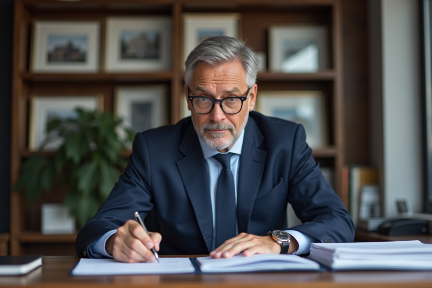 Homme d'affaires en costume signant des documents dans un bureau moderne