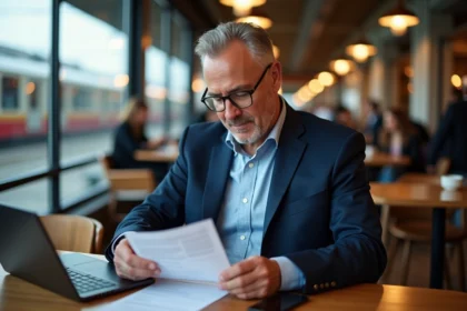 Homme d'affaires en costume bleu vérifiant un billet de train français