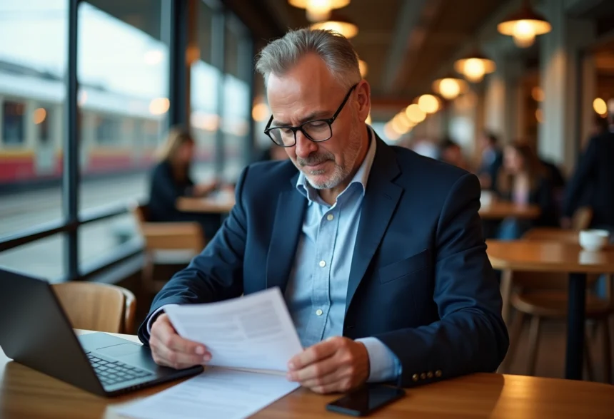 Homme d'affaires en costume bleu vérifiant un billet de train français