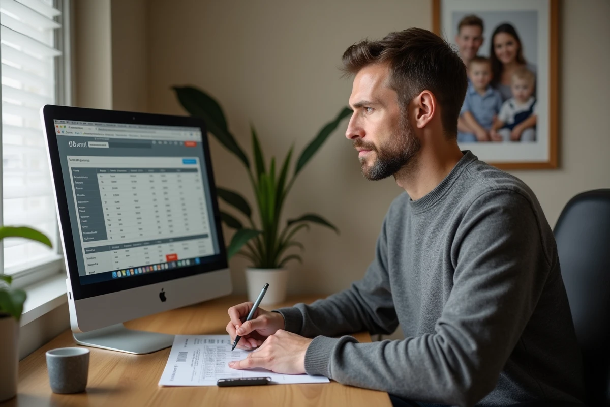 Homme analysant seul les conditions de rachat de prêt immobilier sur ordinateur dans un bureau à domicile
