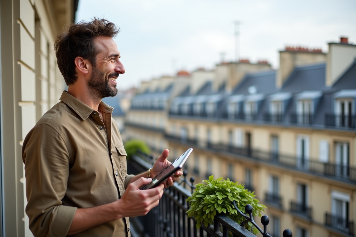 Homme sur un balcon parisien regardant la ville