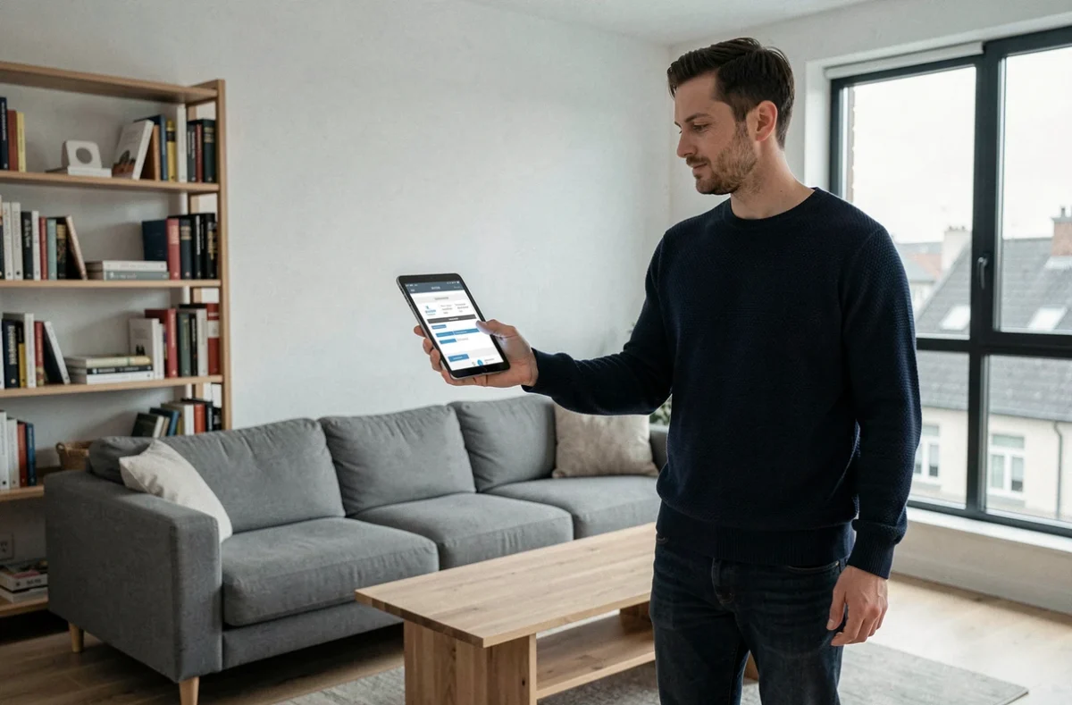 Homme comparant les franchises d'assurance habitation sur tablette dans un appartement moderne